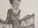 a black and white drawing of a woman sitting on a couch