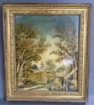 an old picture of a painting of a man and a woman in a landscape