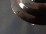 someone is holding a silver plate with a black object in it