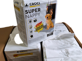 a cardboard box with a package of dog diapers on top of it