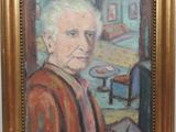 une peinture à l'huile représentant un homme assis sur une chaise devant une table