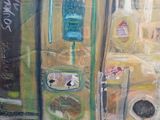 a painting of a kitchen with a refrigerator and a sink