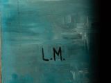 an image of a painting of a blue door with the word l m painted on it