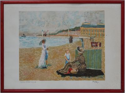 tableau représentant une famille à la plage avec un chien et un parasol