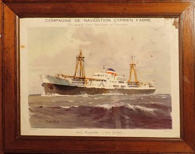 painting of a ship in the water with a flag on it