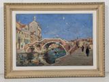 an oil painting of a bridge over a river with people walking on it