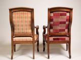 pair of antique chairs with plaid upholstered back and arms