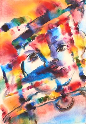 peinture abstraite représentant le visage d'une femme recouvert de peinture colorée