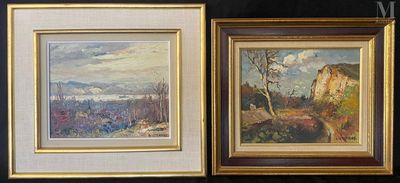 deux tableaux encadrés représentant des montagnes et des arbres sur fond noir