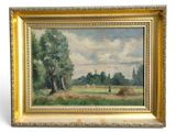 an oil painting of a field with trees and a cow
