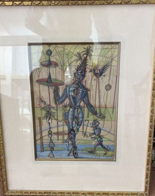 tableau représentant un homme avec un oiseau sur la tête, dans un cadre doré