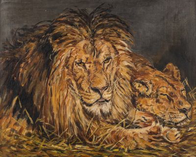 une peinture à l'huile représentant deux lions allongés sur un tas de foin