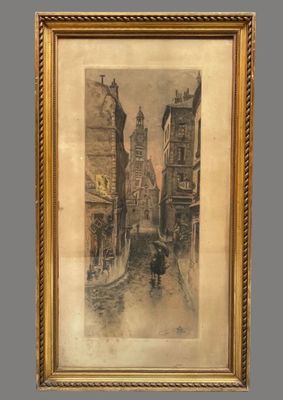 an old picture of a person walking down a street with an umbrella