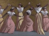 un tableau représentant un groupe de femmes dansant devant un mur doré