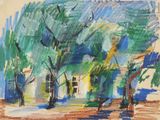 une image d'un dessin représentant une maison et des arbres dans un champ