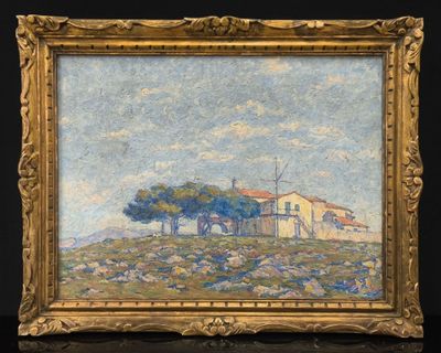un tableau représentant une maison sur une colline, avec des arbres au premier plan