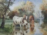 tableau représentant des vaches s'abreuvant dans un ruisseau au milieu d'un bois