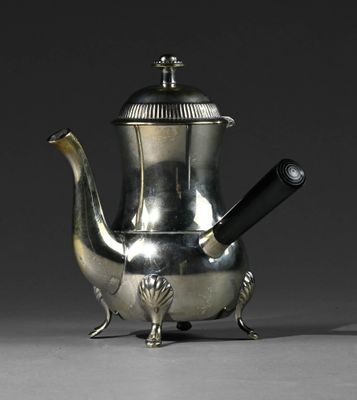 Petite verseuse égoïste en métal argenté, manche en bois noi…