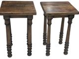pair of wooden side tables with turned legs and turned tops