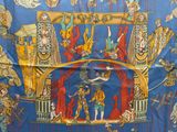 une image représentant une écharpe bleue et jaune sur laquelle figure une scène de cirque