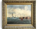 une peinture à l'huile représentant un navire en pleine mer agitée, avec d'autres navires en arrière-plan