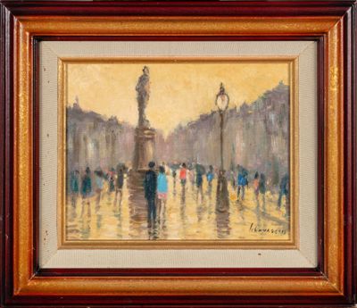 une peinture à l'huile représentant des personnes marchant sous la pluie dans une rue de la ville