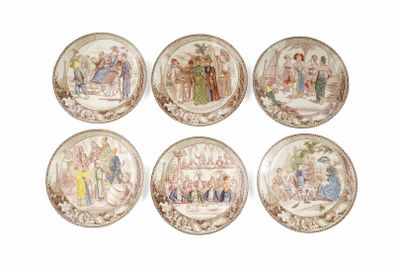 six plates with different designs of people on them on a white surface