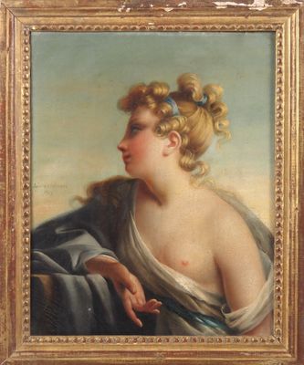 une peinture à l'huile représentant une femme en robe bleue