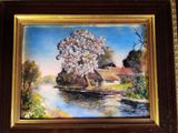 a picture of a painting of a house by the water