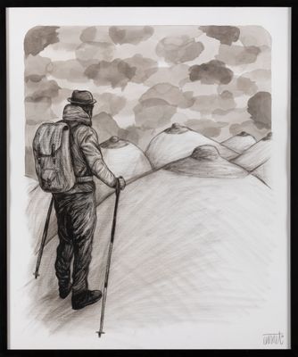 pencil drawing of a man with a backpack and ski poles on a mountain