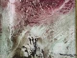 tableau représentant une œuvre abstraite rouge et blanche, dans un cadre doré