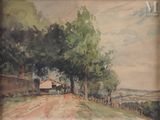 une aquarelle représentant une route de campagne bordée d'arbres