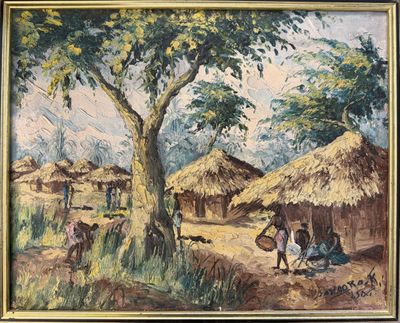 painting of a village scene with a tree and people in the foreground