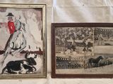 deux photos encadrées représentant un homme à cheval et une vache