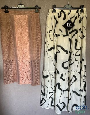two skirts hanging on the wall next to each other