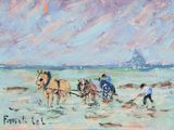 un tableau représentant un homme labourant un champ avec des chevaux