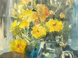 painting of a vase of yellow flowers on a table next to a cup of coffee
