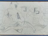 dessin représentant un homme assis sur un lit, dans un cadre bleu