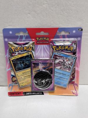 pokemon trading card game set with two cards and a card holder