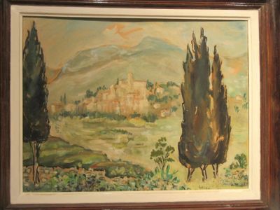 a picture of a painting of a landscape with trees