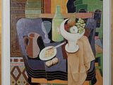 une peinture représentant un bol de fruits et une assiette de pain posés sur une table
