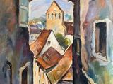 an oil painting of a street scene with buildings and a potted plant