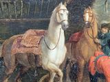 a painting of a man leading two horses in a stable
