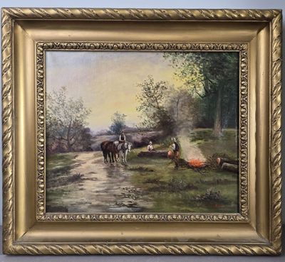 une peinture à l'huile représentant deux chevaux tirant une charrette sur un chemin de terre