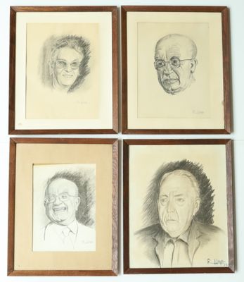 four framed portraits of a man, woman, and child in a wood frame