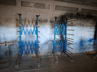 a picture of a room that has a lot of blue paint on the walls