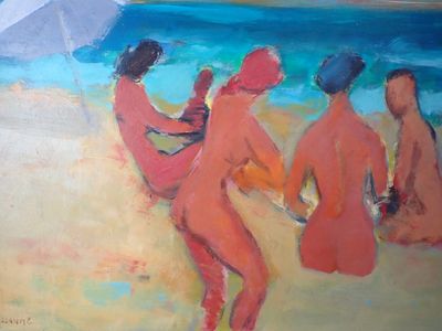 tableau représentant trois nus sur la plage, avec un parasol en arrière-plan