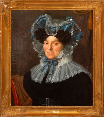 portrait of a woman in a blue bonnet and black dress