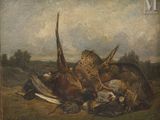 painting of pheasants, pheasants and pheasants in a landscape