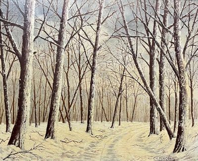 tableau représentant un sentier enneigé traversant une forêt aux arbres dénudés